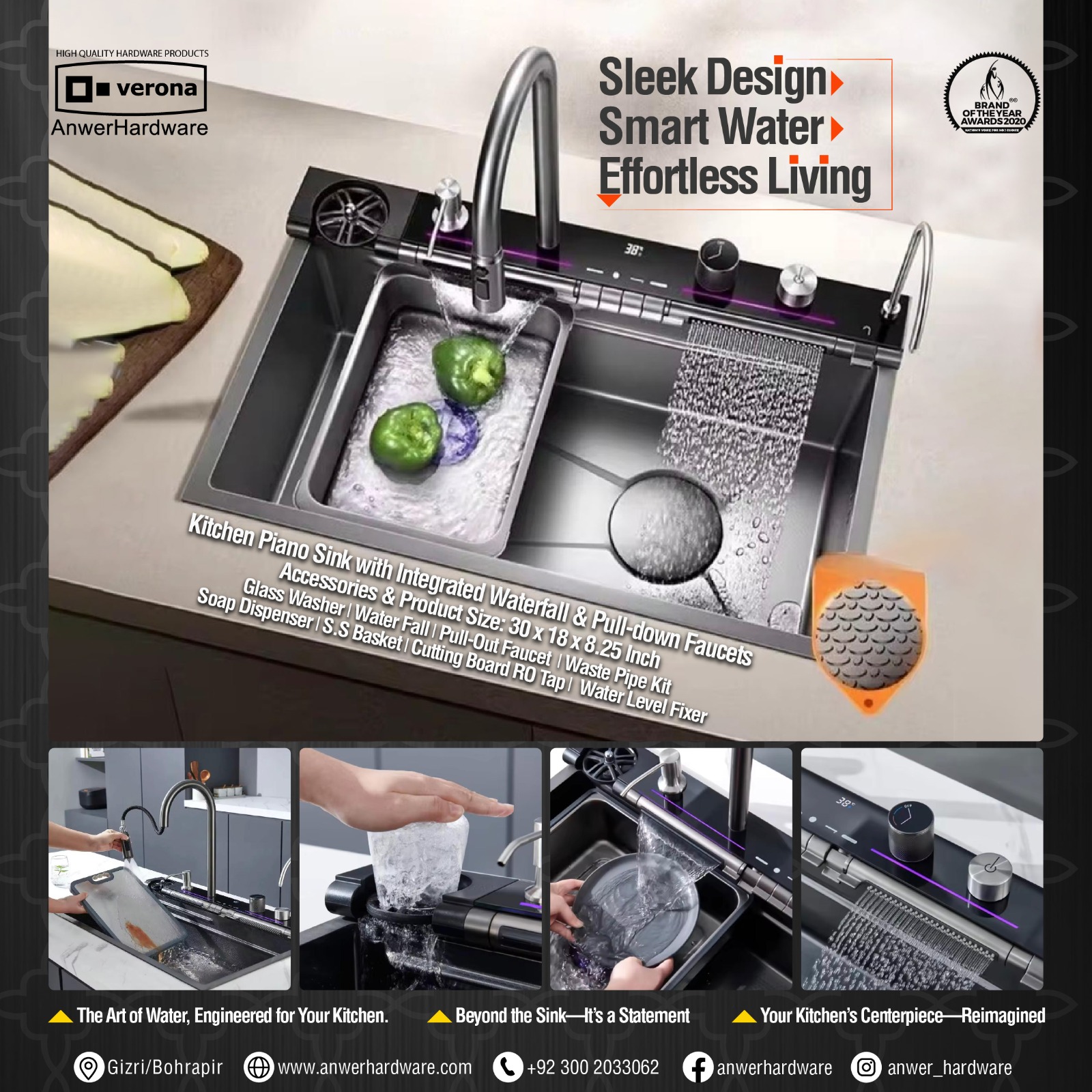 Verona Kitchen Piano Sink with Integrated Waterfall and Pull-down Faucets